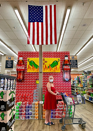 "Masked woman shops at local supermarket during Covid pandemic, Taos"