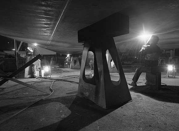 "Four Welders Under Hull"